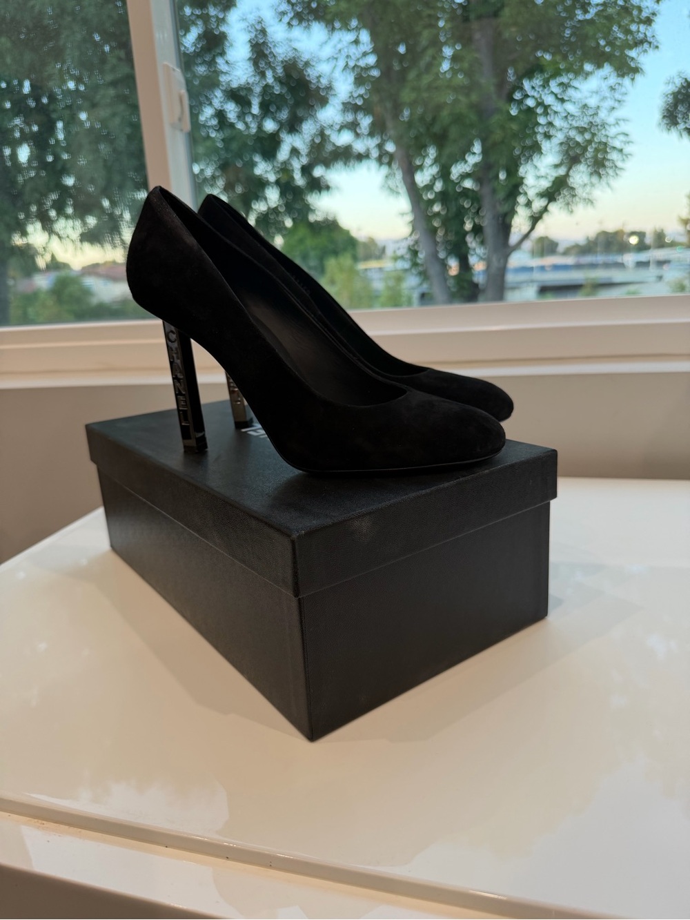 CHANEL Black Suede High Heel Pumps with Logo Heel